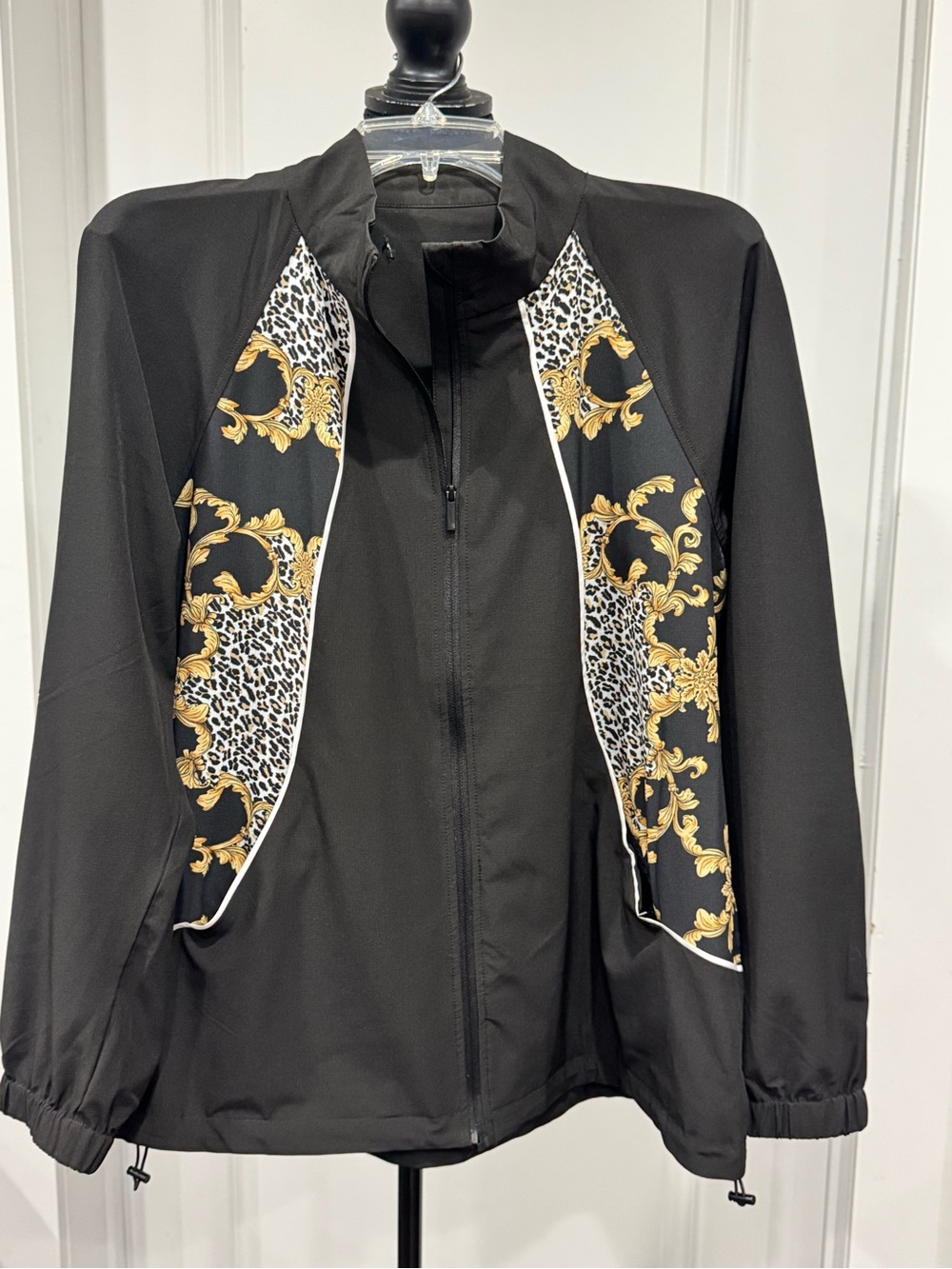 Black Women's Zip Front Jacket with Gold Baroque Panels